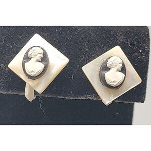 MOP Lucite Cameo Clip On Earrings Mother Of Pearl Setting Vintage Black White